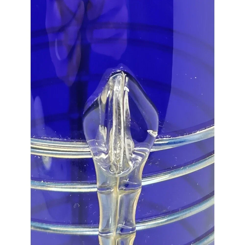 John Cook Studio Art Glass Vase 1996 Cobalt Blue Threaded Ribbed Footed 11.25 in
